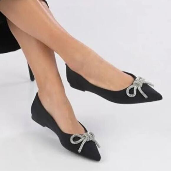 ZARA Black Embellished Bow Flats NWT Size 7.5 - Picture 15 of 16